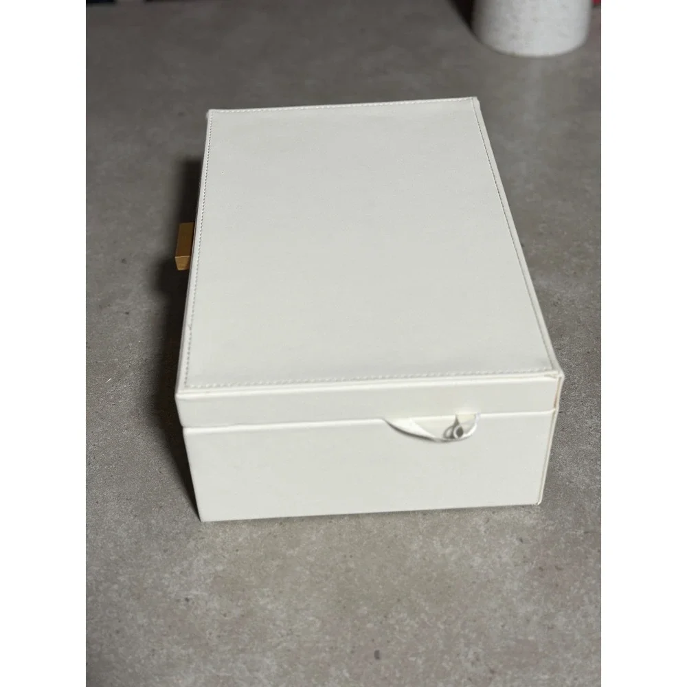 Cream Faux Leather Jewelry Box Organizer with Mirror & Travel Case Gold Accents